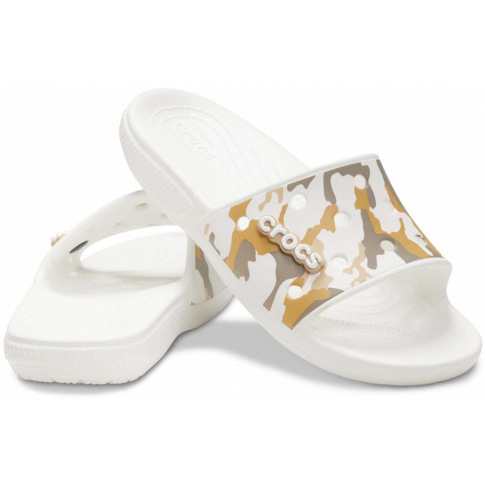 Brown / White Women's Crocs Classic Printed Camo Slides | NZ 0603TCEV
